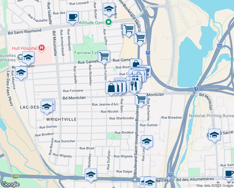 map of restaurants, bars, coffee shops, grocery stores, and more near 58 Boulevard Montclair in Gatineau