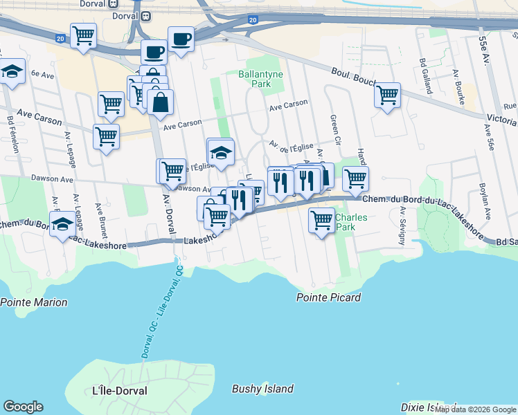 map of restaurants, bars, coffee shops, grocery stores, and more near 585 Chemin Bord du Lac in Dorval