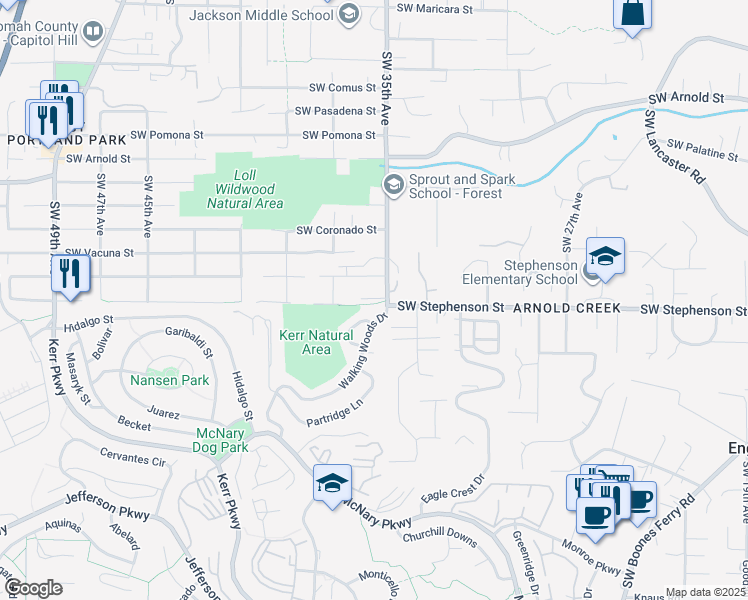 map of restaurants, bars, coffee shops, grocery stores, and more near 3510 Southwest Vesta Street in Portland