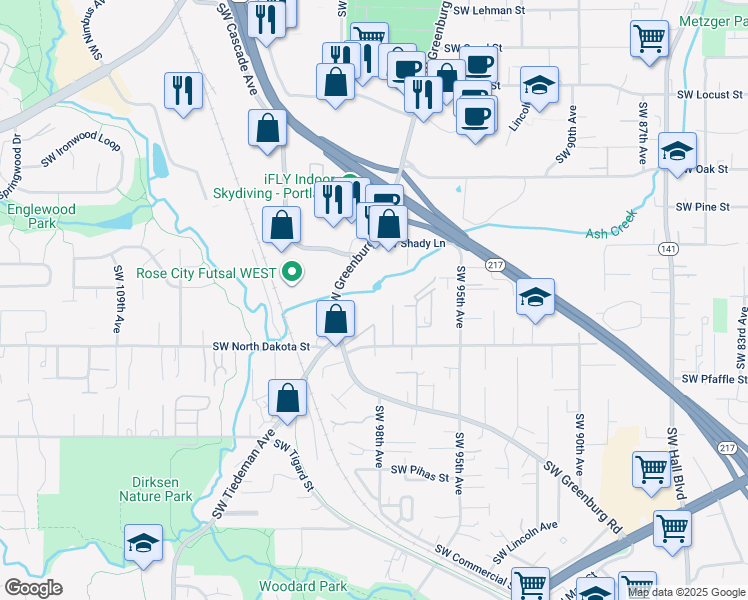 map of restaurants, bars, coffee shops, grocery stores, and more near 10830 Southwest Greenburg Road in Tigard