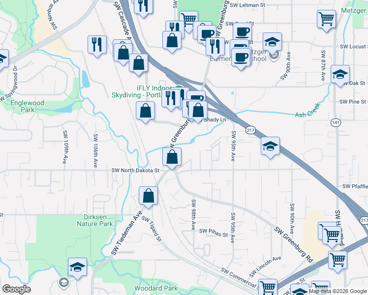 map of restaurants, bars, coffee shops, grocery stores, and more near in Tigard
