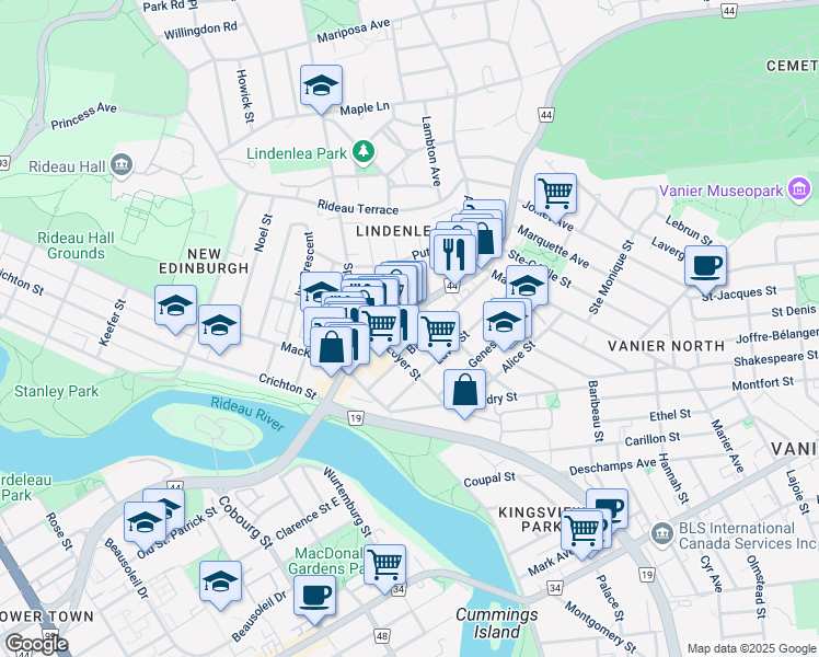 map of restaurants, bars, coffee shops, grocery stores, and more near 18 Langevin Avenue in Ottawa