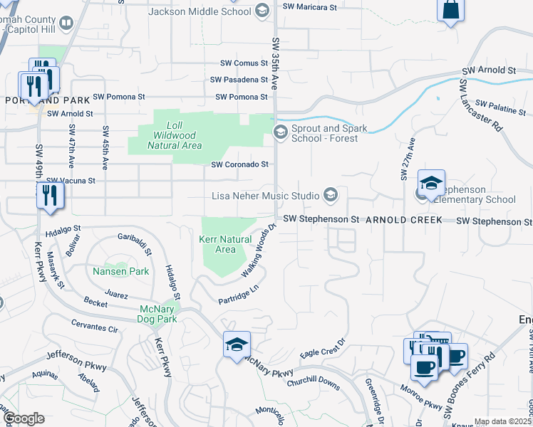 map of restaurants, bars, coffee shops, grocery stores, and more near 3510 Southwest Vesta Street in Portland