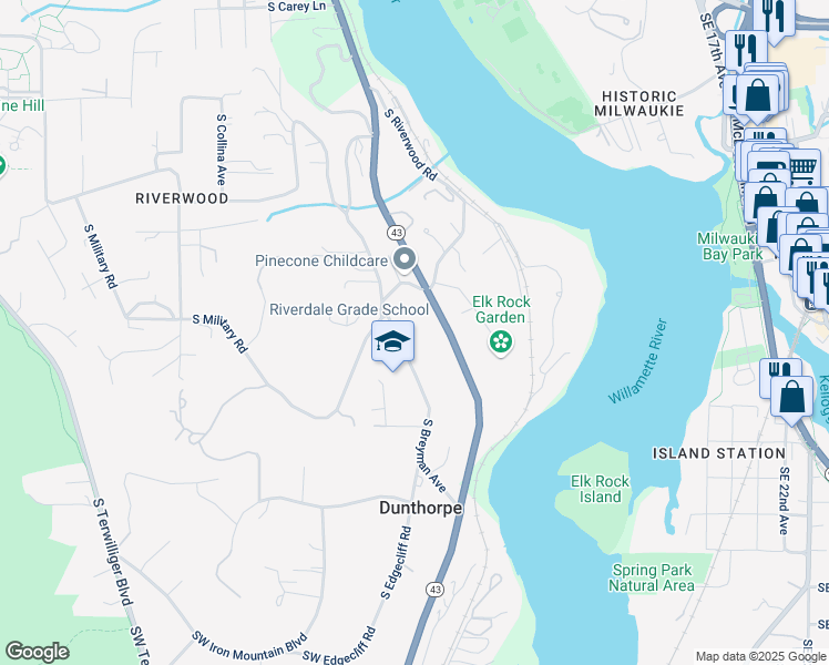 map of restaurants, bars, coffee shops, grocery stores, and more near 11740 Southwest Breyman Avenue in Portland