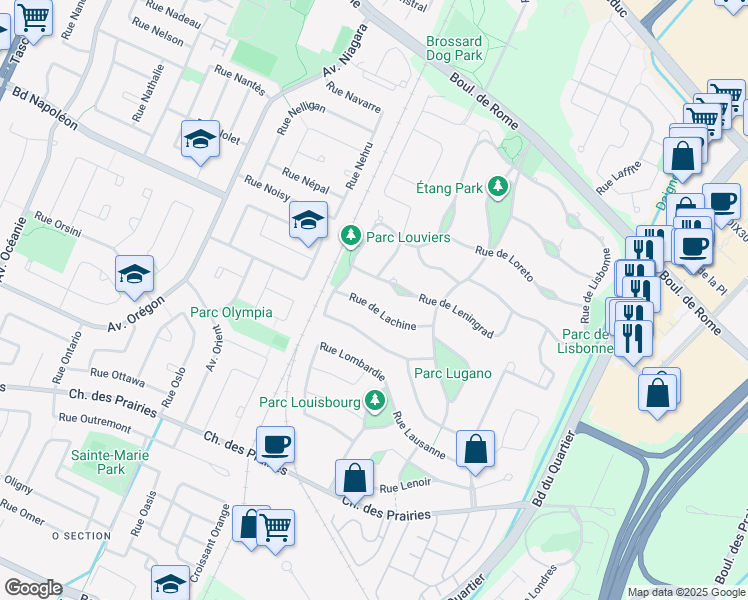 map of restaurants, bars, coffee shops, grocery stores, and more near 3995 Rue de Lachine in Brossard