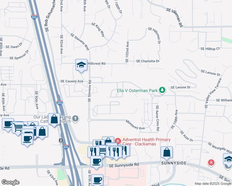 map of restaurants, bars, coffee shops, grocery stores, and more near 9953 Southeast Merlo Street in Happy Valley