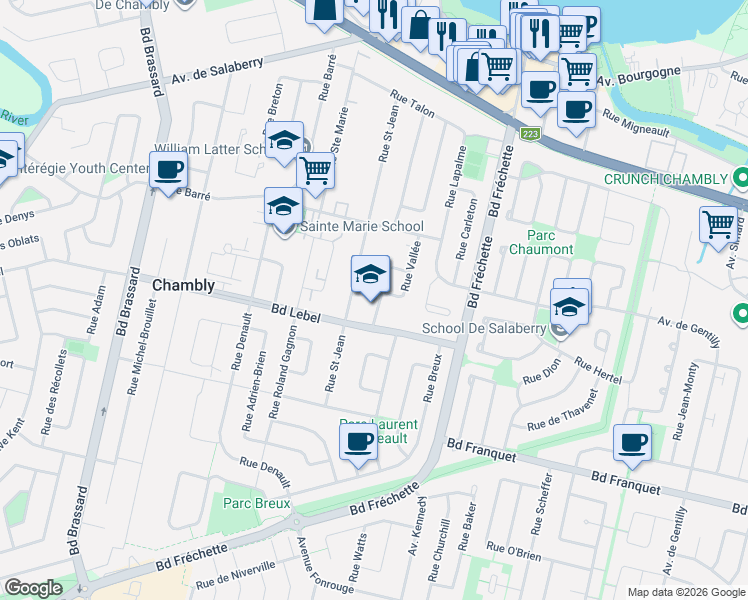 map of restaurants, bars, coffee shops, grocery stores, and more near 1251 Rue Poirier in Chambly