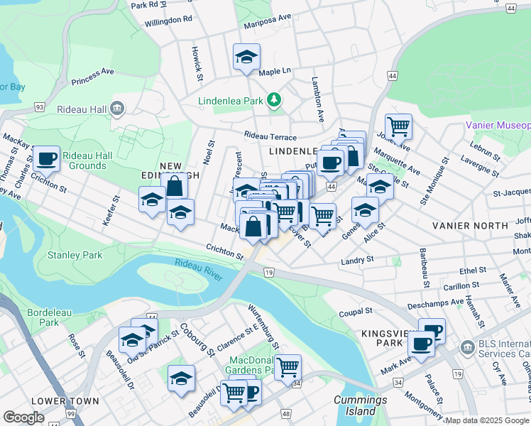 map of restaurants, bars, coffee shops, grocery stores, and more near 24 Springfield Road in Ottawa