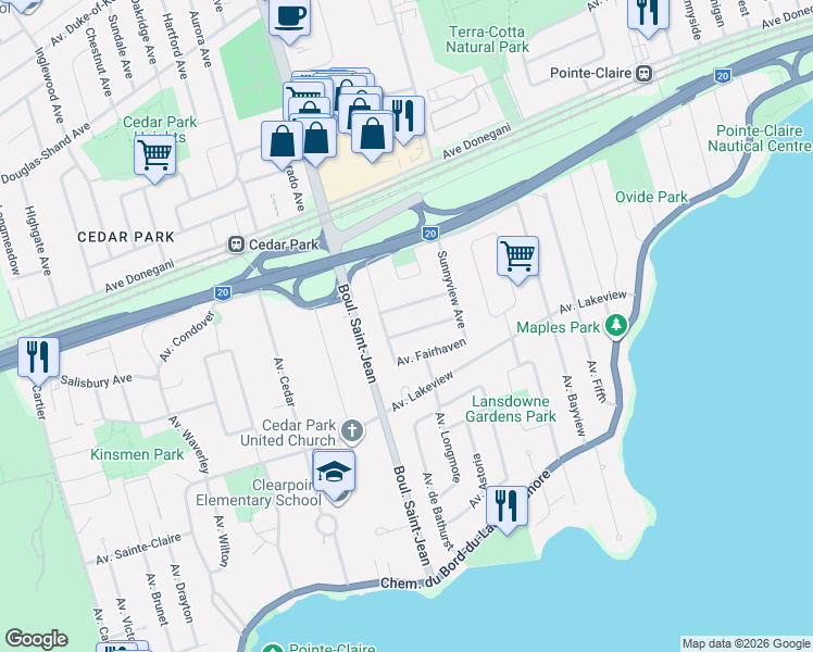map of restaurants, bars, coffee shops, grocery stores, and more near 179 Avenue Fieldcrest in Pointe-Claire