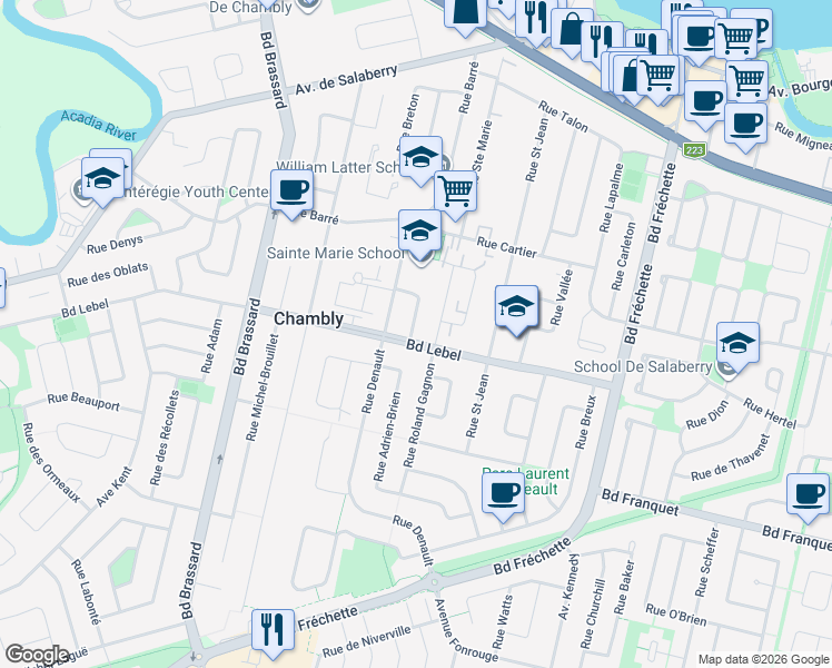 map of restaurants, bars, coffee shops, grocery stores, and more near 1289 Boulevard Lebel in Chambly