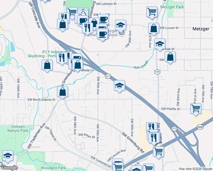 map of restaurants, bars, coffee shops, grocery stores, and more near 9425 Southwest Longstaff Street in Tigard