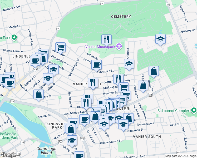 map of restaurants, bars, coffee shops, grocery stores, and more near 258 St-Jacques Street in Ottawa