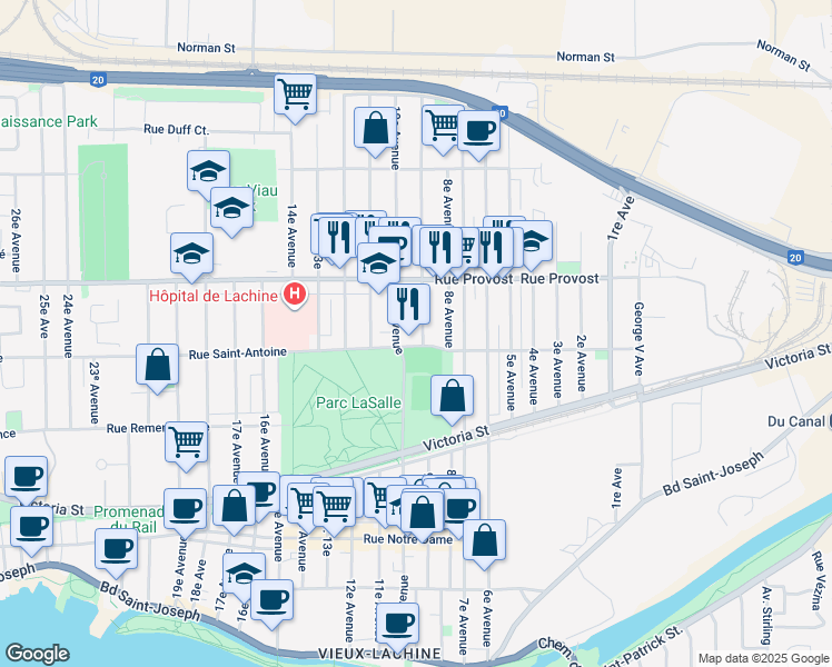 map of restaurants, bars, coffee shops, grocery stores, and more near 607 9e Avenue in Montréal