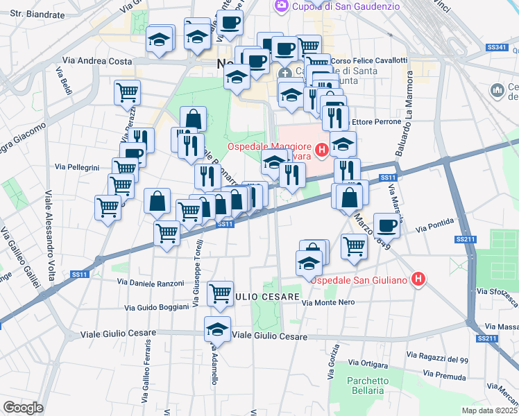 map of restaurants, bars, coffee shops, grocery stores, and more near 40 Viale Buonarroti in Novara