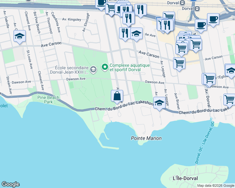 map of restaurants, bars, coffee shops, grocery stores, and more near 140 Avenue Claude in Dorval