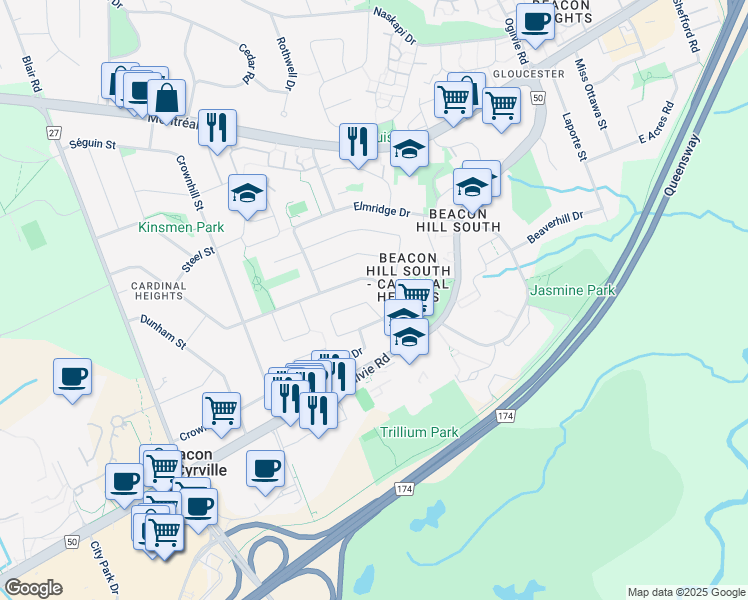 map of restaurants, bars, coffee shops, grocery stores, and more near 1781 Cloverlawn Crescent in Ottawa