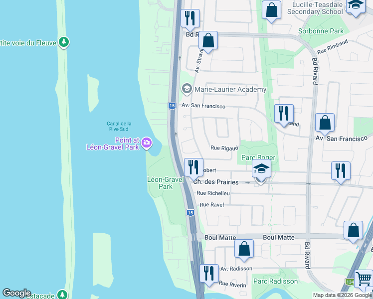 map of restaurants, bars, coffee shops, grocery stores, and more near 1235 Rue Romaine in Brossard