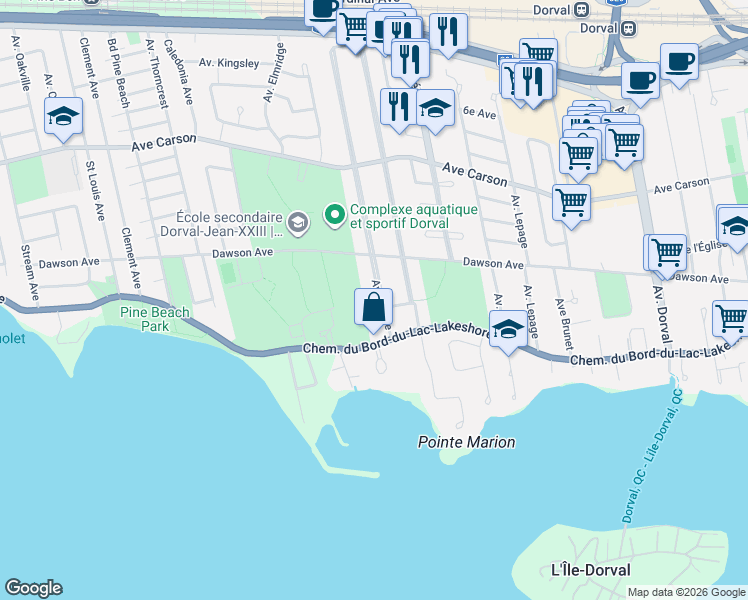 map of restaurants, bars, coffee shops, grocery stores, and more near 140 Avenue Claude in Dorval