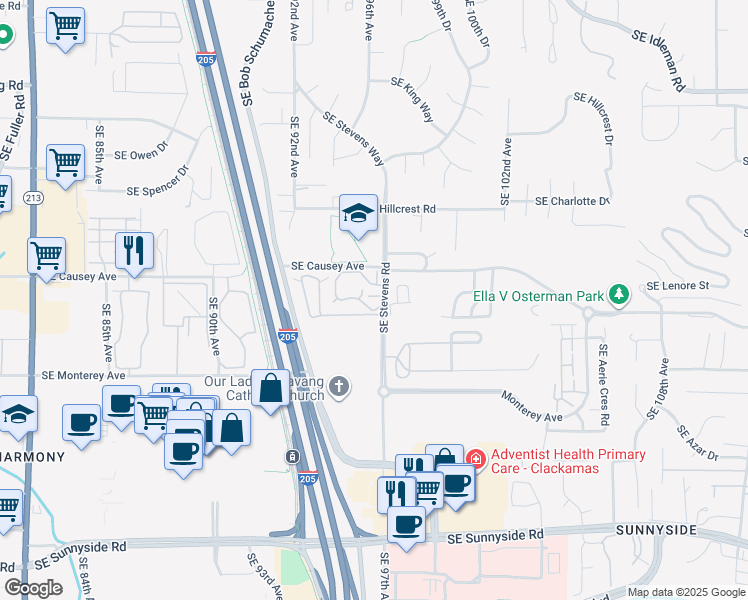 map of restaurants, bars, coffee shops, grocery stores, and more near 11299 Southeast Stevens Road in Portland