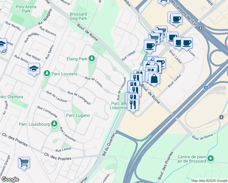 map of restaurants, bars, coffee shops, grocery stores, and more near 3718 Rue de Loreto in Brossard