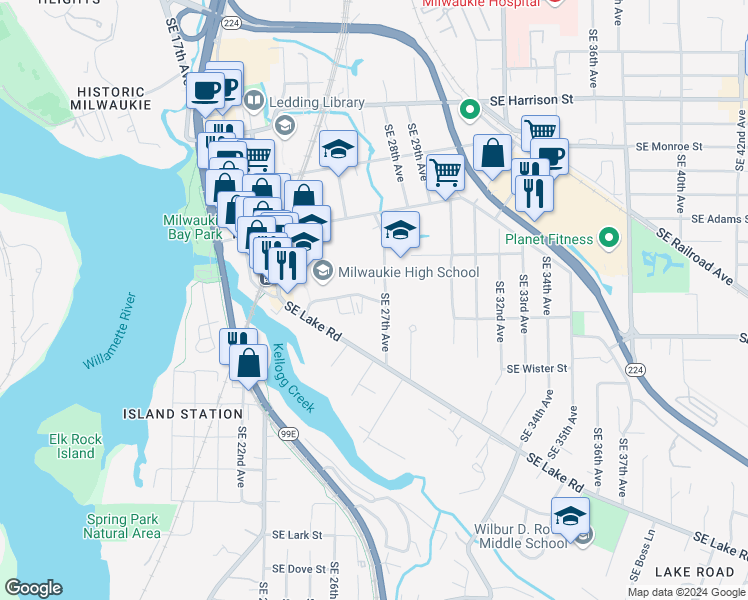 map of restaurants, bars, coffee shops, grocery stores, and more near 2631 Southeast Willard Street in Milwaukie
