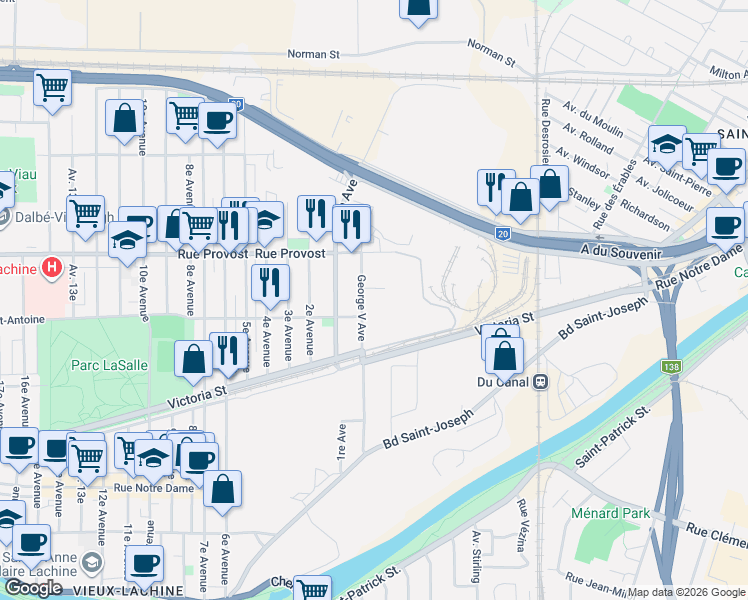 map of restaurants, bars, coffee shops, grocery stores, and more near 628 Avenue George-V in Montréal