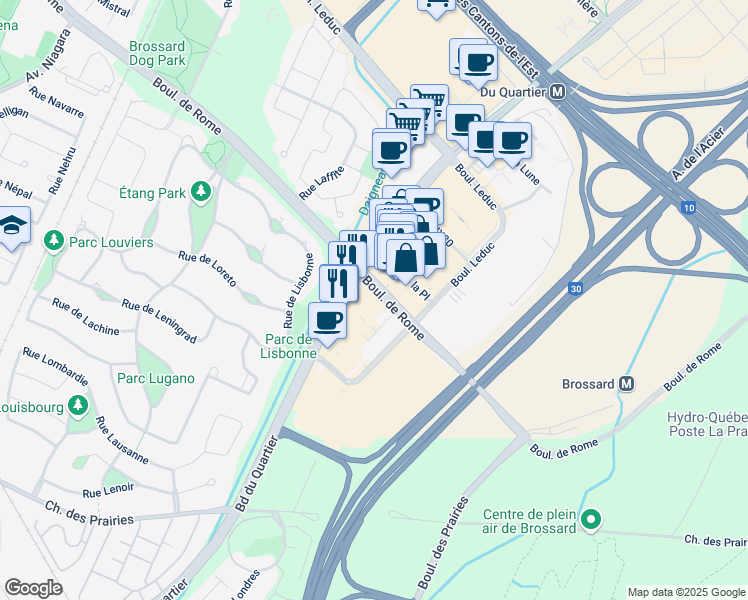 map of restaurants, bars, coffee shops, grocery stores, and more near 6305 Boulevard Rome in Brossard