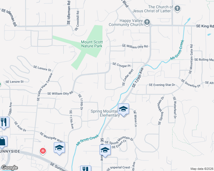 map of restaurants, bars, coffee shops, grocery stores, and more near 11333 Southeast Bethany Drive in Happy Valley