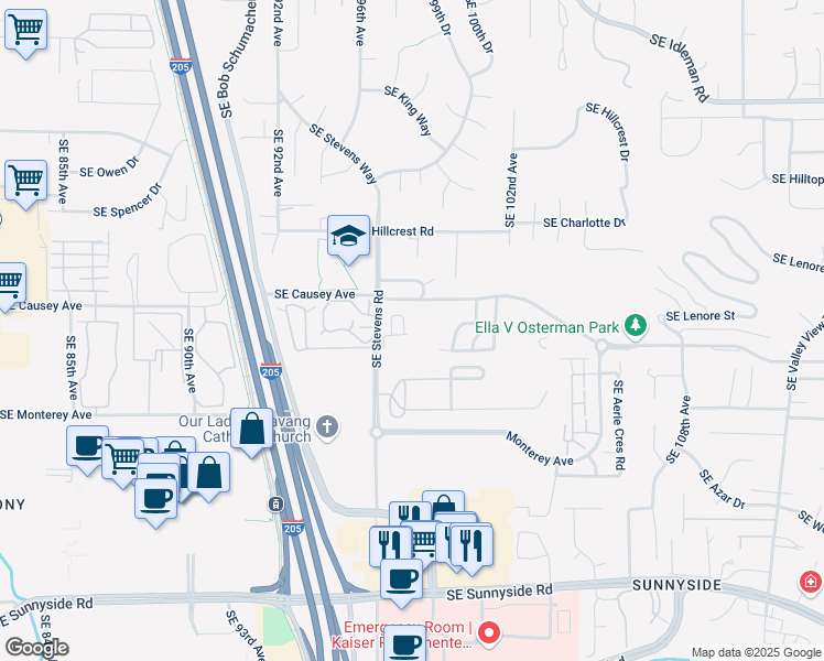 map of restaurants, bars, coffee shops, grocery stores, and more near 11360 Southeast Stevens Road in Happy Valley