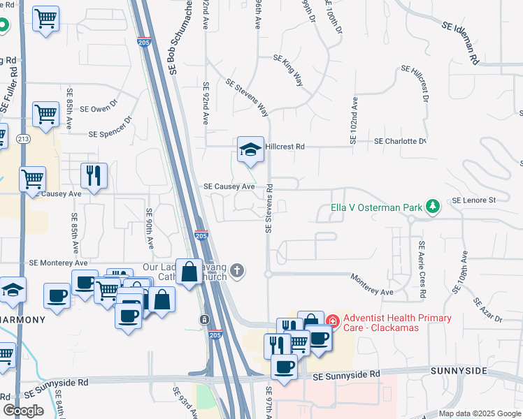 map of restaurants, bars, coffee shops, grocery stores, and more near 11249 Southeast Stevens Road in Happy Valley