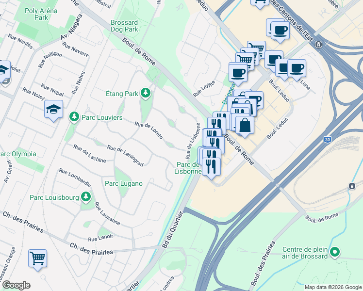 map of restaurants, bars, coffee shops, grocery stores, and more near 3718 Rue de Loreto in Brossard
