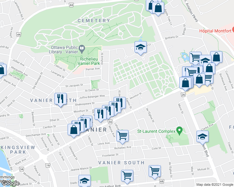 map of restaurants, bars, coffee shops, grocery stores, and more near 372 Saint Denis Street in Ottawa