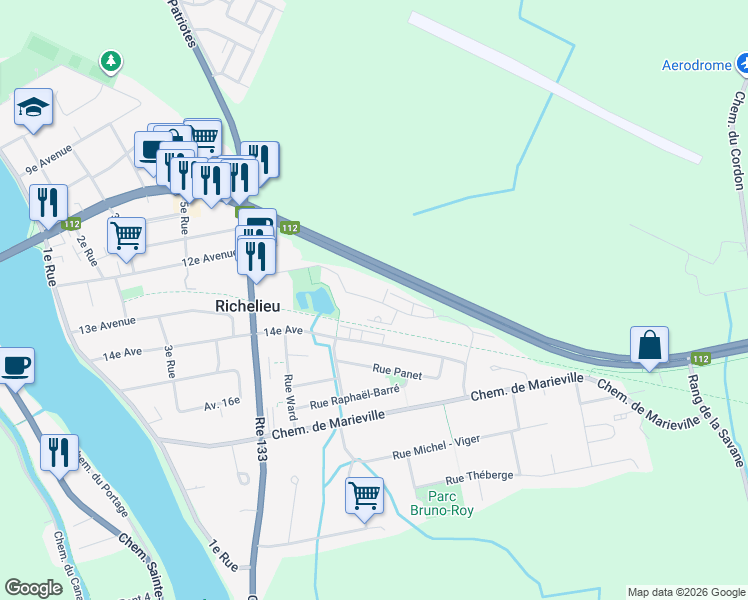 map of restaurants, bars, coffee shops, grocery stores, and more near Rue Martel in Richelieu