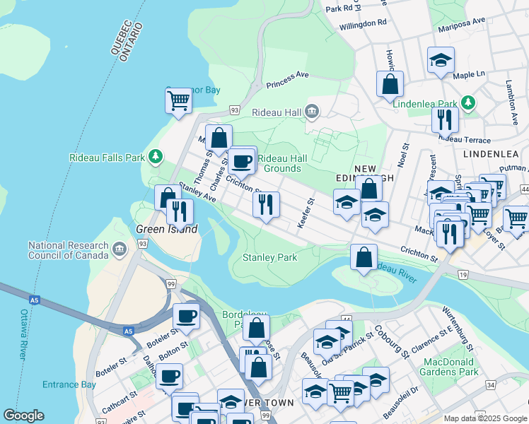 map of restaurants, bars, coffee shops, grocery stores, and more near 48 Queen Victoria Street in Ottawa