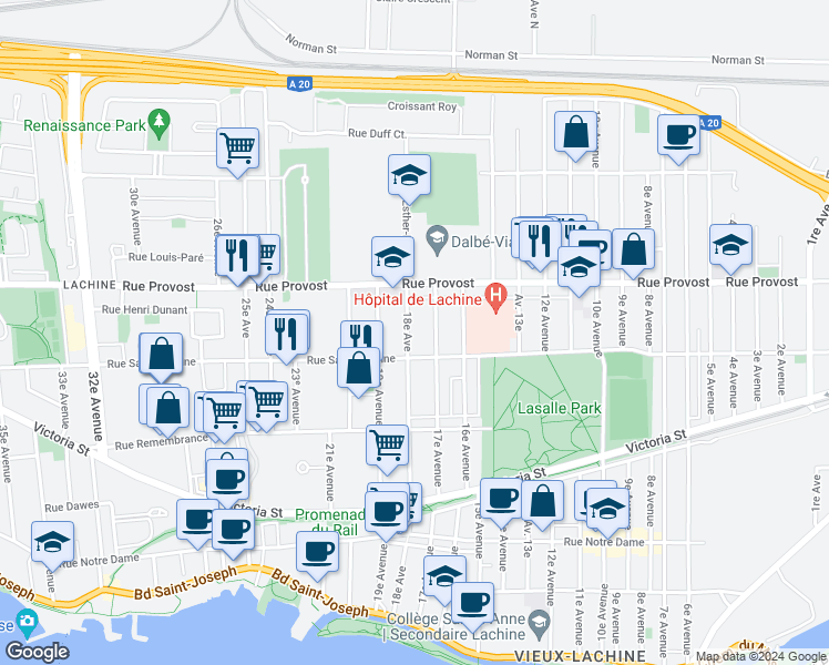 map of restaurants, bars, coffee shops, grocery stores, and more near 632 Avenue 18e in Montréal