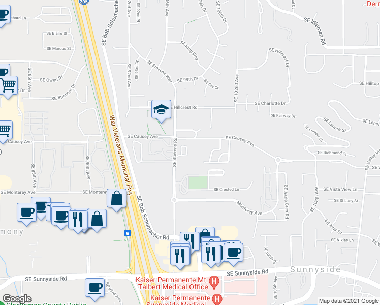 map of restaurants, bars, coffee shops, grocery stores, and more near 11360 Southeast Stevens Road in Happy Valley