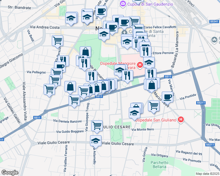 map of restaurants, bars, coffee shops, grocery stores, and more near 34-40 Via Michelangelo in Novara