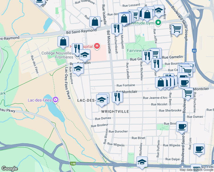 map of restaurants, bars, coffee shops, grocery stores, and more near 169 Rue Fontaine in Gatineau