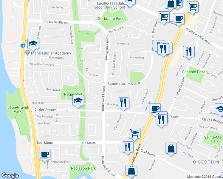 map of restaurants, bars, coffee shops, grocery stores, and more near 1440 Croissant Rougemont in Brossard