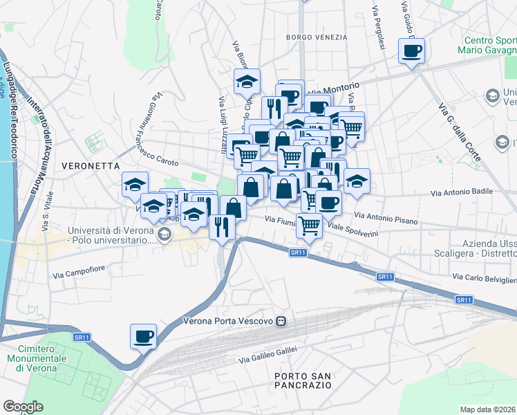 map of restaurants, bars, coffee shops, grocery stores, and more near 18 Via Gerolamo Dai Libri in Verona