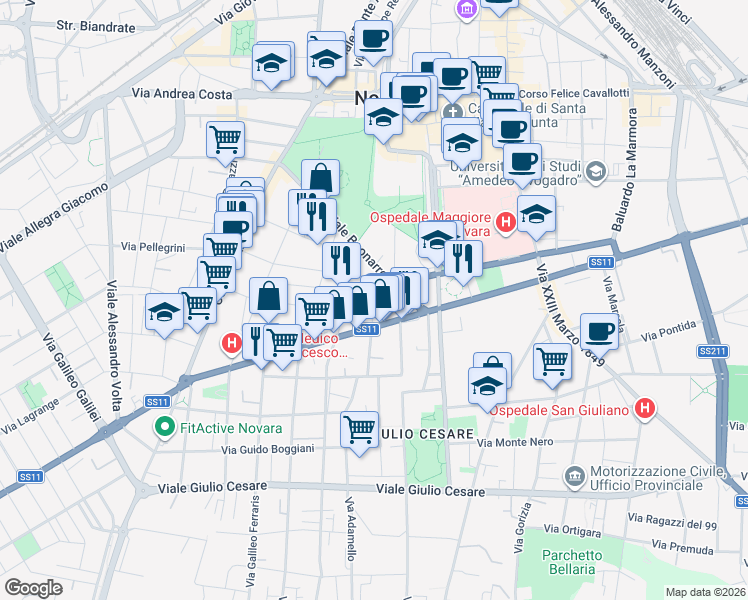 map of restaurants, bars, coffee shops, grocery stores, and more near 9 Via Claudio Monteverdi in Novara
