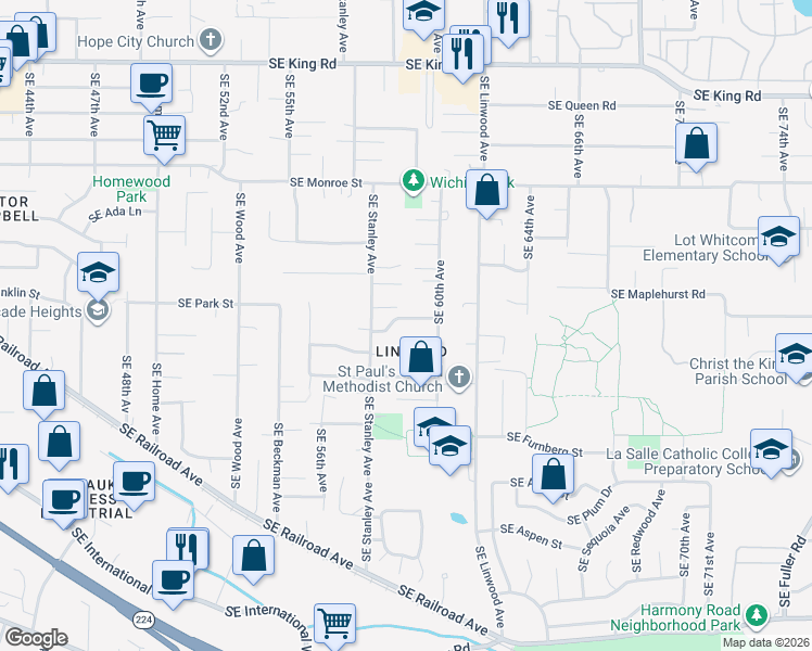 map of restaurants, bars, coffee shops, grocery stores, and more near 5897 Southeast Sundial Court in Milwaukie