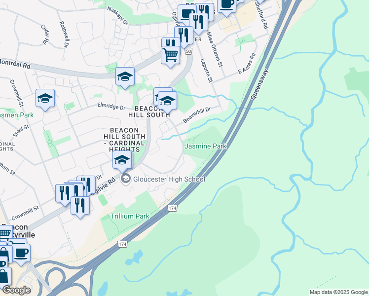 map of restaurants, bars, coffee shops, grocery stores, and more near 2040 Jasmine Crescent in Ottawa