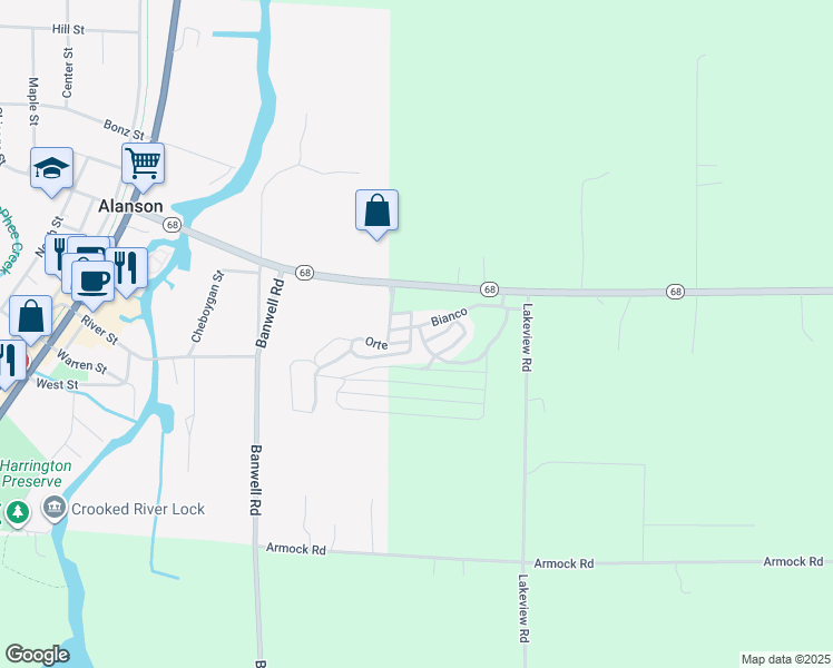 map of restaurants, bars, coffee shops, grocery stores, and more near 6783 Bianco in Alanson
