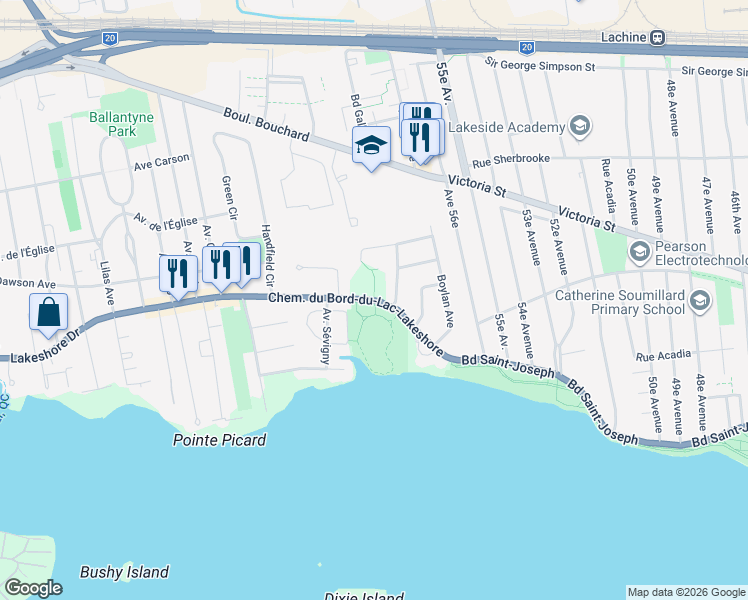 map of restaurants, bars, coffee shops, grocery stores, and more near 95 Lakeshore Drive in Dorval
