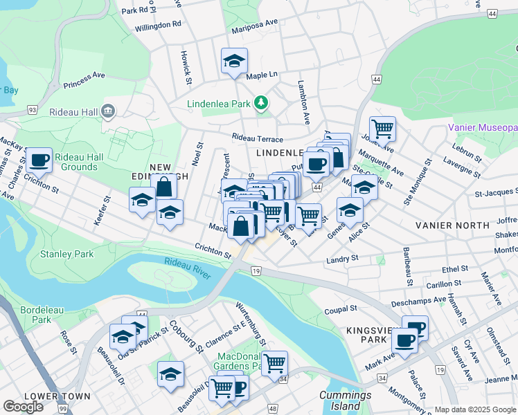 map of restaurants, bars, coffee shops, grocery stores, and more near 29 Springfield Road in Ottawa