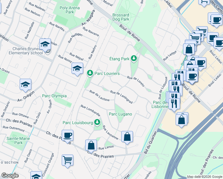 map of restaurants, bars, coffee shops, grocery stores, and more near 3955 Rue de Leningrad in Brossard