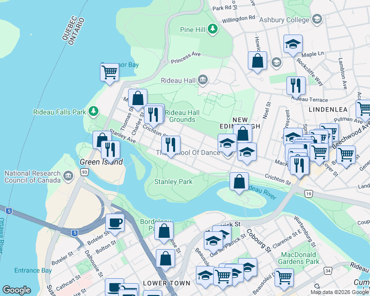 map of restaurants, bars, coffee shops, grocery stores, and more near 105 Crichton Street in Ottawa