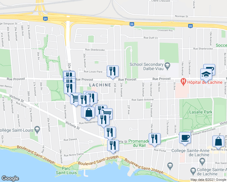 map of restaurants, bars, coffee shops, grocery stores, and more near 655 25e Avenue in Montréal