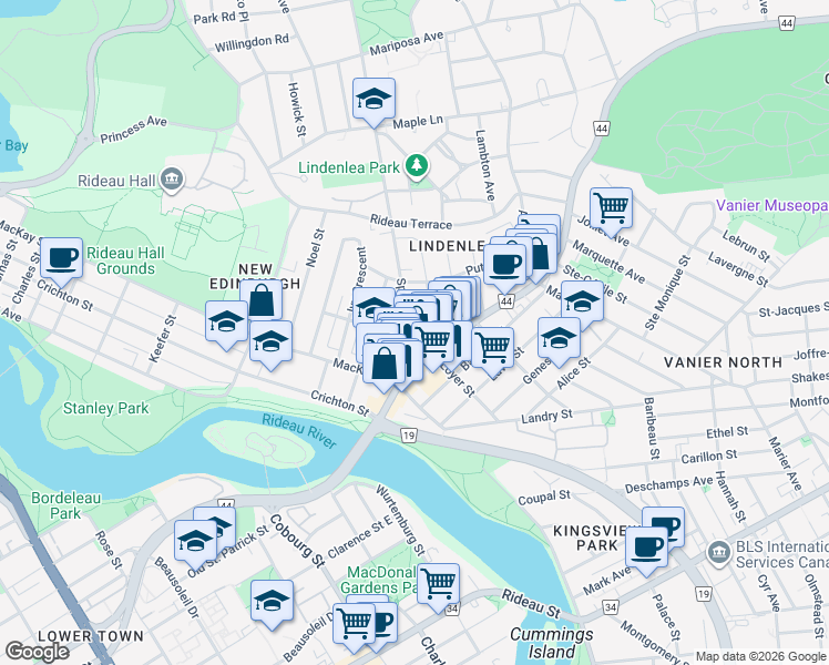 map of restaurants, bars, coffee shops, grocery stores, and more near 29 Springfield Road in Ottawa